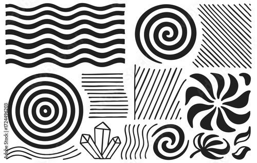 Hand Drawn Abstract Line Pattern Spiral and Geometric Shapes Collection Isolated on Transparent Background, Generative AI
