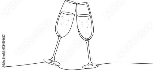 Champagne toast illustration, clinking glasses, celebration moment, minimalist line art, festive vector, party symbol, elegant design, bubbly drink, wedding cheers