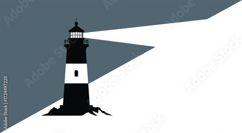Lighthouse silhouette illustration, beam of light, coastal navigation, black and white vector, guidance symbol, maritime safety, minimal design, ocean theme