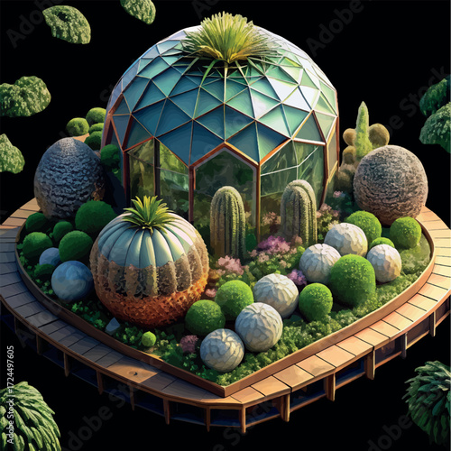 Botanical Dome Paradise: A meticulously crafted illustration showcases a stunning botanical dome, a haven of life surrounded by spherical shrubbery.