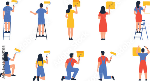 Wall painting illustration, cartoon painters, home renovation, paint roller art, DIY activity, vector design, creative work, interior decor, teamwork scene