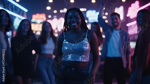 Diverse friends dancing and celebrating at a vibrant neon-lit nightclub with upbeat music