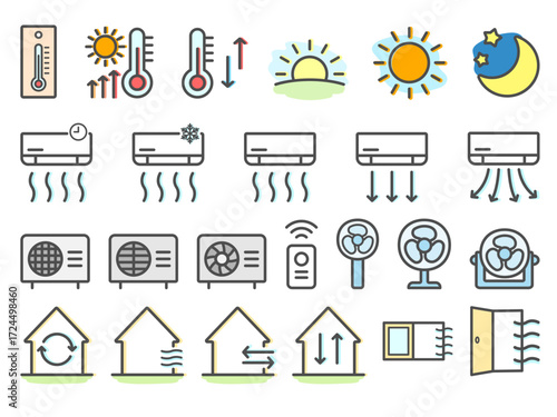 Collection of colorful illustrations depicting climate control elements, including air conditioning, temperature, and weather.