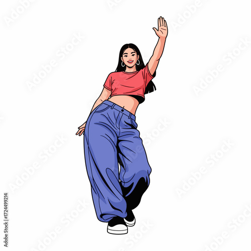 2D flat vector illustration of girl baggy pants and crop top, doing a hip hop side step move with one hand raised, cheerful facial expression
