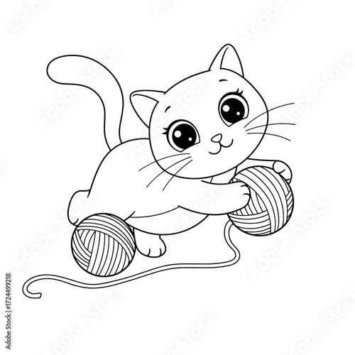 A playful cartoon kitten interacts with two balls of yarn, holding one with its paw while strands unravel around its feet. Its cheerful eyes and raised tail add a lively, child-friendly feel.
