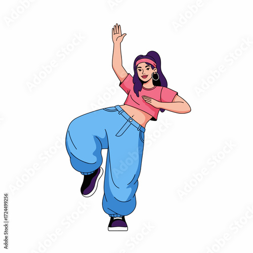 2D flat vector illustration of girl baggy pants and crop top, doing a hip hop side step move with one hand raised, cheerful facial expression