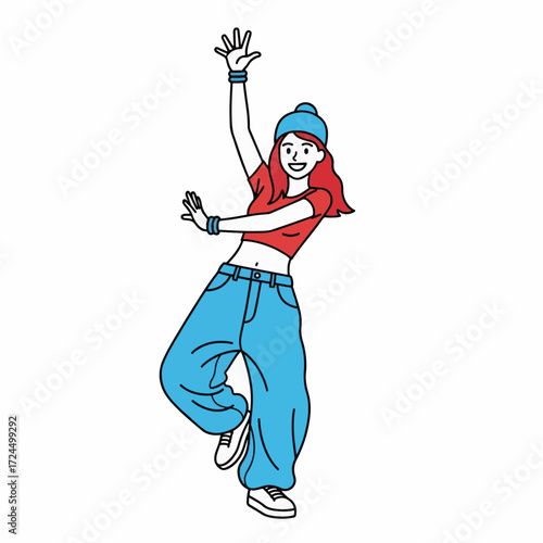 2D flat vector illustration of girl baggy pants and crop top, doing a hip hop side step move with one hand raised, cheerful facial expression