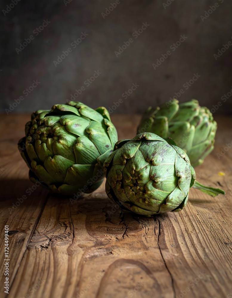 Obraz premium Three fresh artichokes rest on a rustic wooden table. Dark background