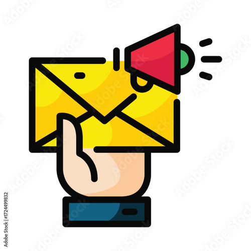Hand holds yellow envelope with red megaphone