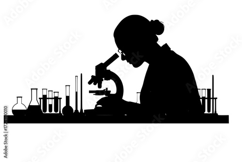 Scientist Researcher Silhouette Vector. Person Intently Looking into Microscope in Laboratory. Beakers, Test Tubes, Flasks. Scientific Discovery and Research.