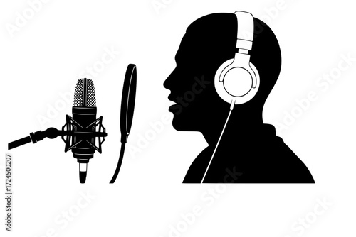 Clean, Modern Silhouette Vector: Person with Headphones Speaking into Professional Studio Microphone. Focused on Communication, Podcasting, and Content Creation. Audio Recording.