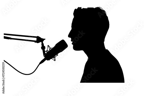Clean, Modern Silhouette Vector: Person with Headphones Speaking into Professional Studio Microphone. Focused on Communication, Podcasting, and Content Creation. Audio Recording.