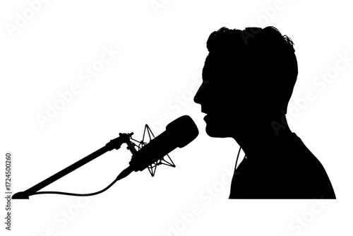 Clean, Modern Silhouette Vector: Person with Headphones Speaking into Professional Studio Microphone. Focused on Communication, Podcasting, and Content Creation. Audio Recording.