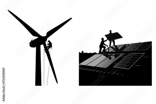 Sustainable Energy Technicians Silhouette Vector Set. Dynamic Rappelling Wind Turbine Service and Rooftop Solar Panel Installation. Scale, Importance of Renewable Energy Work.