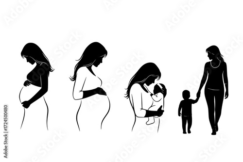 Tender Maternity Journey Silhouette Vector Set. Woman Through Pregnancy Stages: Early Bump, Full-Term Profile, Mother Holding Newborn. Love and New Life.