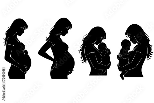 Tender Maternity Journey Silhouette Vector Set. Woman Through Pregnancy Stages: Early Bump, Full-Term Profile, Mother Holding Newborn. Love and New Life.