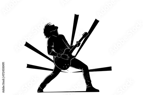 High-Energy Musician Live Performance Silhouette Vector. Dynamic Rock Guitarist, Singer, or DJ with Stylized Stage Lights. Music, Excitement, and Concert Atmosphere.