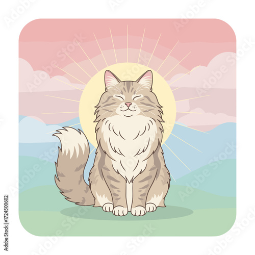 Cartoon cat sitting calmly with a sunburst background and clouds  