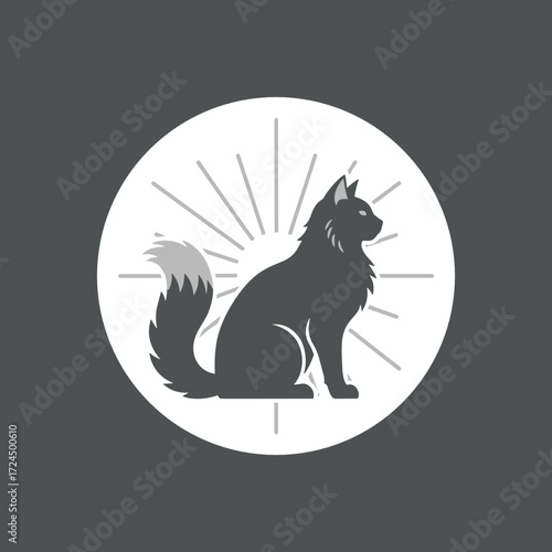 Cat silhouette sitting with rays of light in circular badge design  