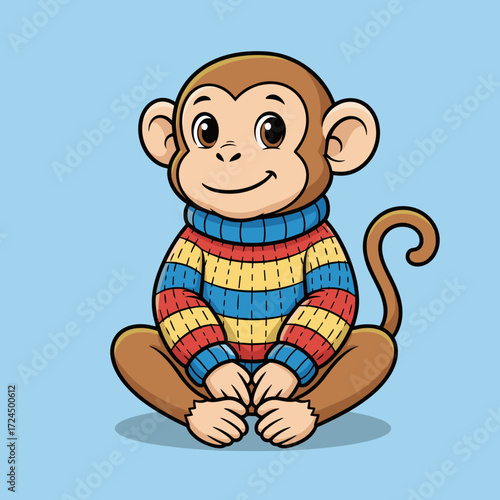 Cute cartoon monkey sitting in colorful sweater on blue background  