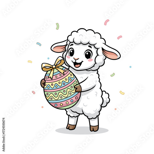 Cute cartoon lamb holding colorful Easter egg with confetti around  