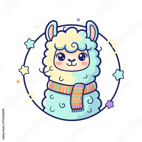 Cute cartoon llama wearing a colorful scarf with stars background  