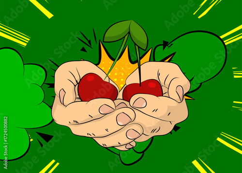 Cartoon, comic book human hands holding Cherry. Retro vector comics pop art design.