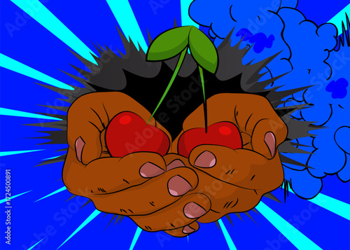 Cartoon, comic book human hands holding Cherry. Retro vector comics pop art design.
