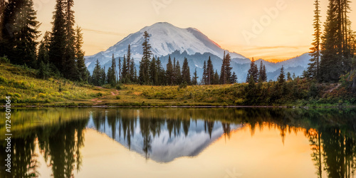 Mount Rainier reflecting off Little Tipsoo Lake at sunset