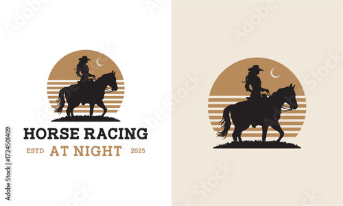 logo of a woman racing horses at night