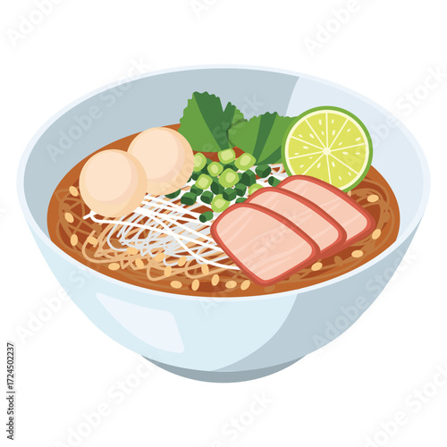 vector flat color of Thai noodle soup with rice noodles, sliced pork, fish balls, chopped spring onions and a fresh lime wedge in a bowl