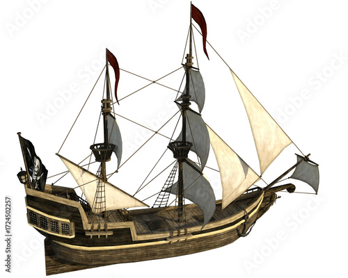 Classic style pirate ship with sails on a transparent background.