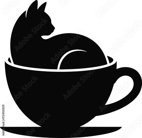 Charming black and white cat enjoying a coffee silhouette
