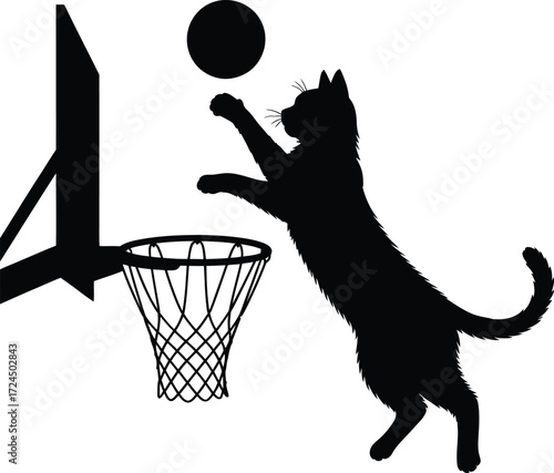 Playful cat silhouette dribbling a basketball in dynamic action silhouette