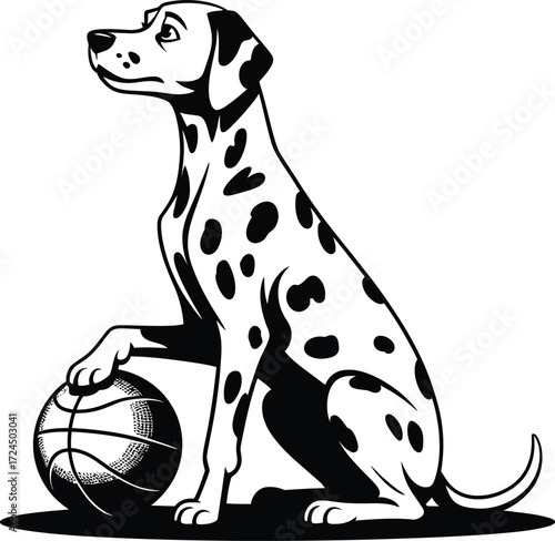 Black and white dalmatian dog silhouette playing basketball