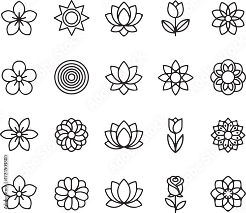 Floral Icons: A collection of minimalistic floral icons with varied shapes and designs, offering a versatile toolkit for graphic designers.