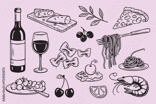 Italian food and drink collection hand-drawn sketch style elements for culinary designs silhouette