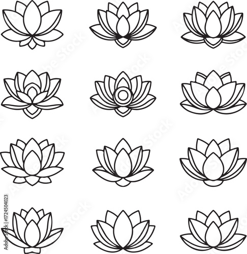 Lotus Collection in Geometric Harmony: A compilation of delicate lotus flower illustrations, showcasing symmetry and intricate petal details for a modern and elegant appeal.