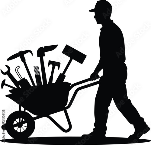Man pushing a wheelbarrow in a distinctive silhouette style