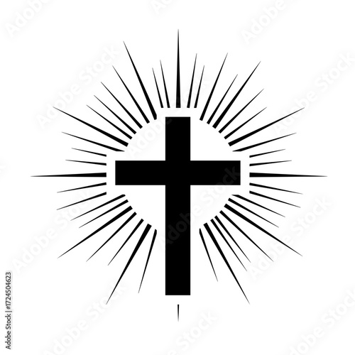 A bold black cross, an emblem of faith, is surrounded by radiating lines on crisp white background, symbolizing light and divine presence. Gospel concept.