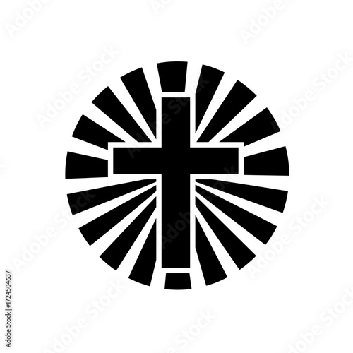 A Christian cross with radial lines emanating from it creates striking, circular black-and-white design conveying faith and spiritual significance. Gospel concept.