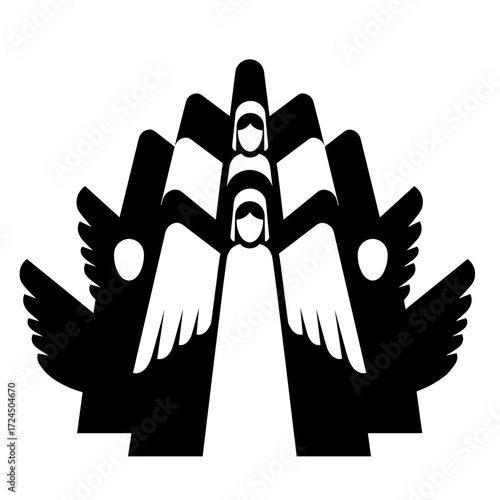 An array of stylized angels,  in stark black and white, form a symmetrical composition, their wings outstretched harmonious protective formation. Gospel concept.