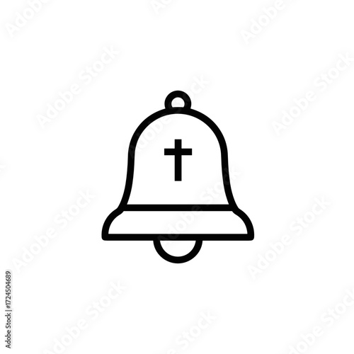 The simple illustration shows a bell, outlined in black, featuring cross symbol on its surface,  against clean, white backdrop. Gospel concept.