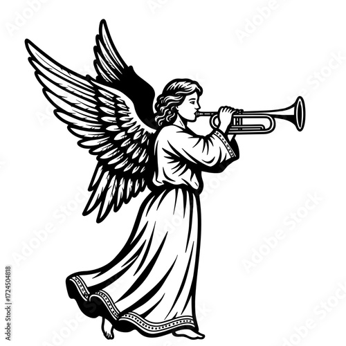 With detailed wings and a flowing gown, an angel in monochrome artwork is shown playing trumpet, possibly as herald or celebratory announcement. Gospel concept.