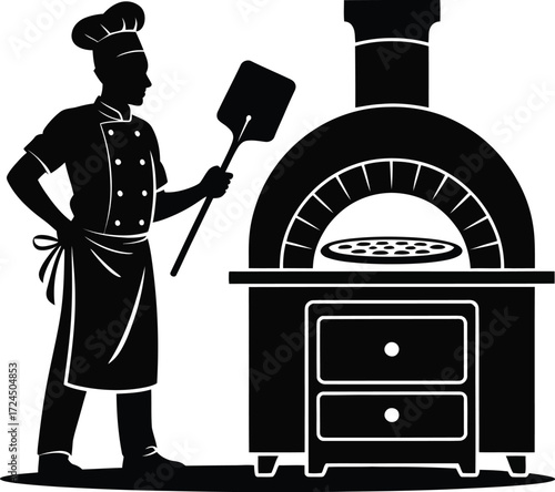 Classic black and white pizza chef silhouette design for culinary branding