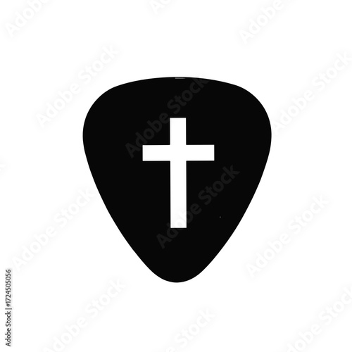A black guitar pick displays white Christian cross symbol, isolated against clean, bright background for simple, graphic presentation. Gospel concept.
