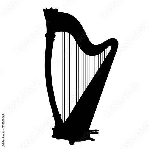 A monochromatic design showcases the elegant silhouette of standing harp with many strings, its ornate structure resting against pristine white backdrop. Gospel concept.