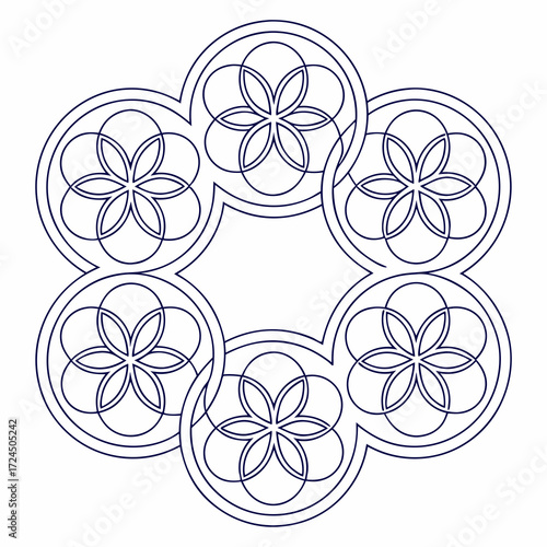 A beautiful and intricate dark blue geometric floral pattern composed of six interconnected circular shapes each containing a six petal flower motif set against a clean white background