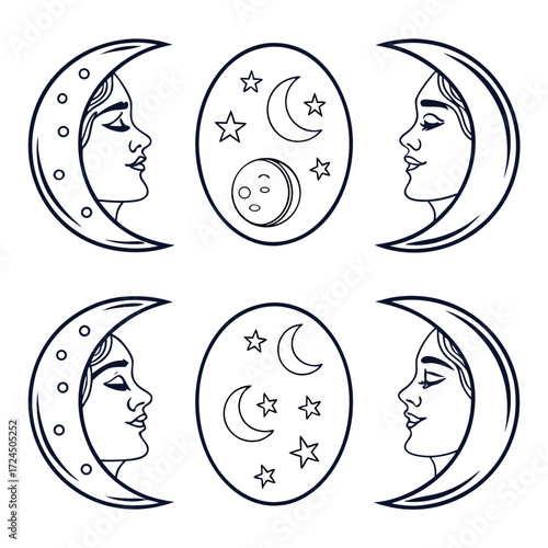 A celestial collection of crescent moon faces and starry night sky designs perfect for mystical and astrological themes