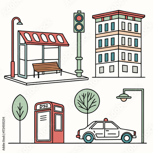A charming and colorful flat design illustration depicting a city street scene with a bus stop a tall building a police car a telephone booth traffic lights and trees